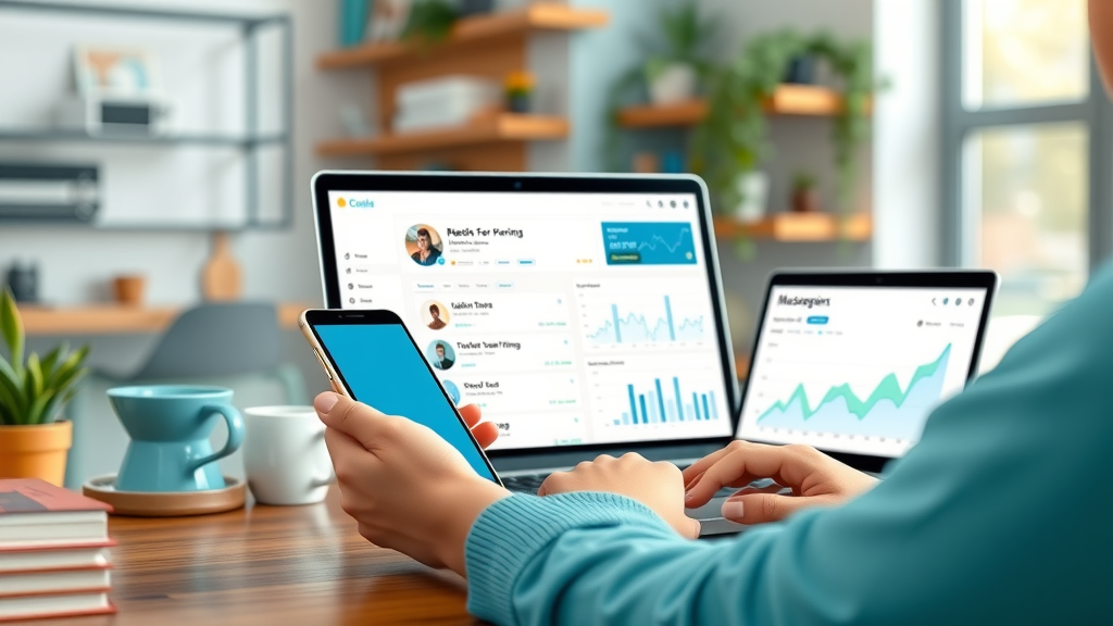 sleek mobile-first web design for local SEO Muskegon businesses, smartphone and laptop, location-based results, analytics charts, Muskegon branding