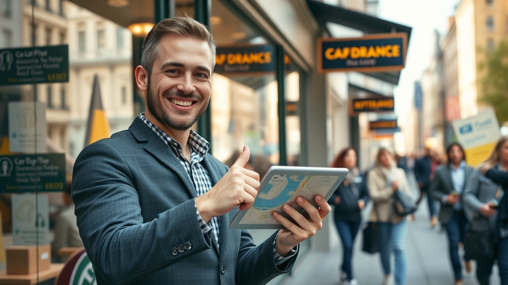 Confident business owner in a modern storefront pointing at Google Maps interface on tablet for Google Maps ranking
