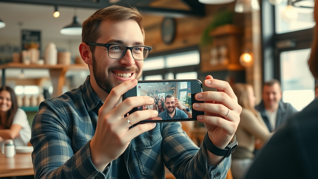 Social media influencer promoting Muskegon MI business, engaged followers, café, digital marketing strategy.