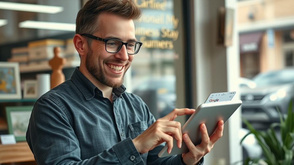 local Muskegon entrepreneur optimizing Google My Business profile for search engine visibility, digital marketing strategies