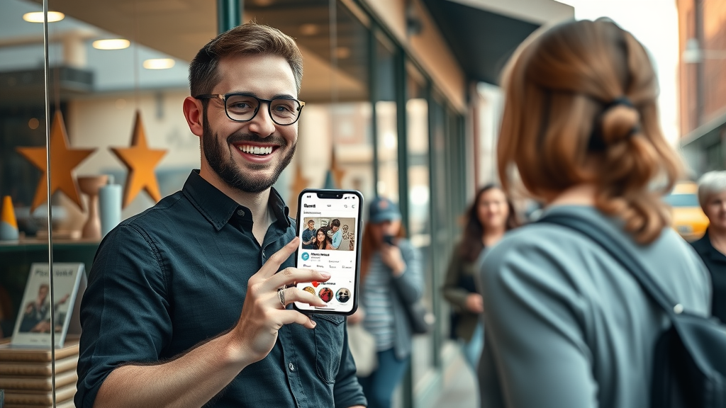 Mobile apps for small business Muskegon - Cheerful business owner at a Muskegon storefront displaying a custom mobile app to an in-store customer, vibrant urban street scene with bustling pedestrians.