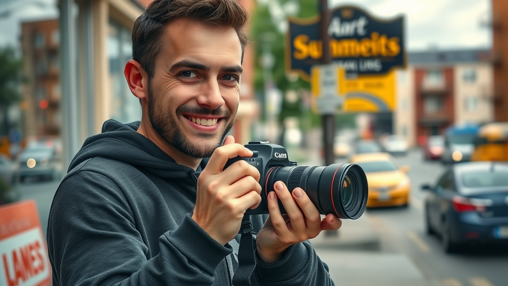 professional content creator photographing a local business, location-specific content, distinctive city neighborhood, photorealistic