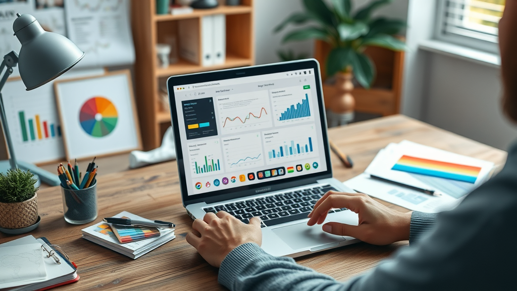 Organized workspace with digital marketing tools, Google Analytics dashboard, branding and design resources, Muskegon MI, marketing agency essentials