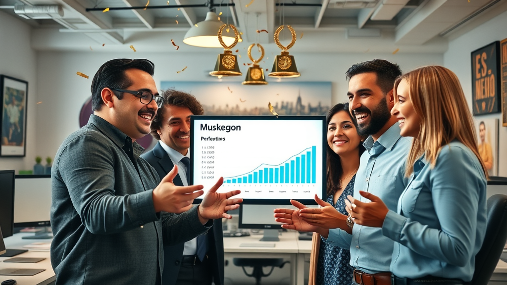 digital marketing strategies Muskegon: celebrating business team success, digital results, Muskegon brand growth, web design impact