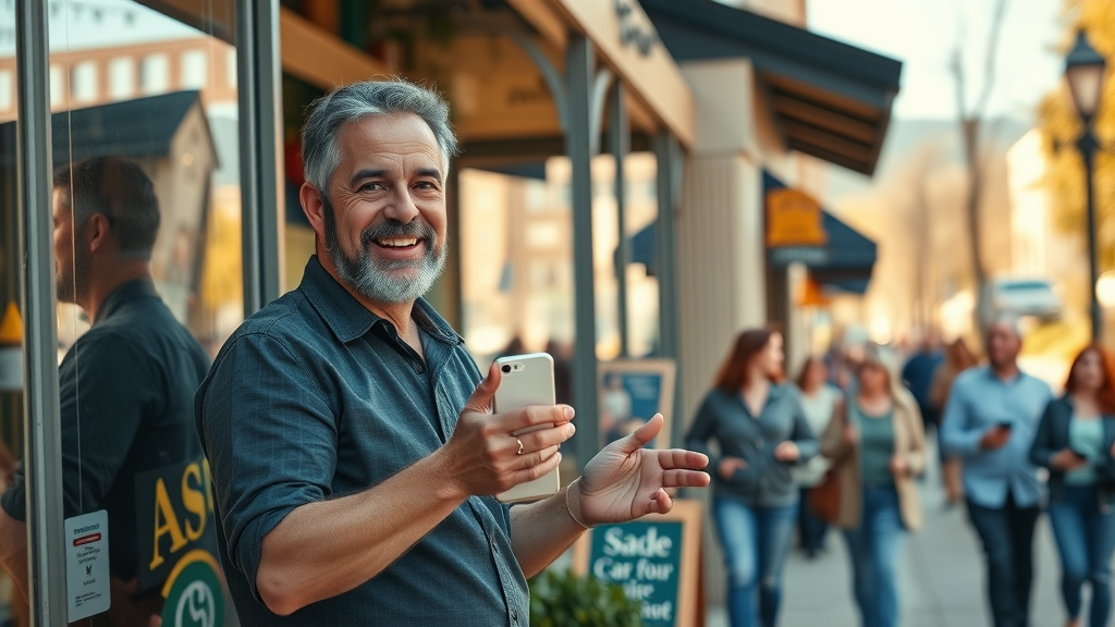 local online branding strategies - dynamic local business storefront, proud small business owner engaging with community