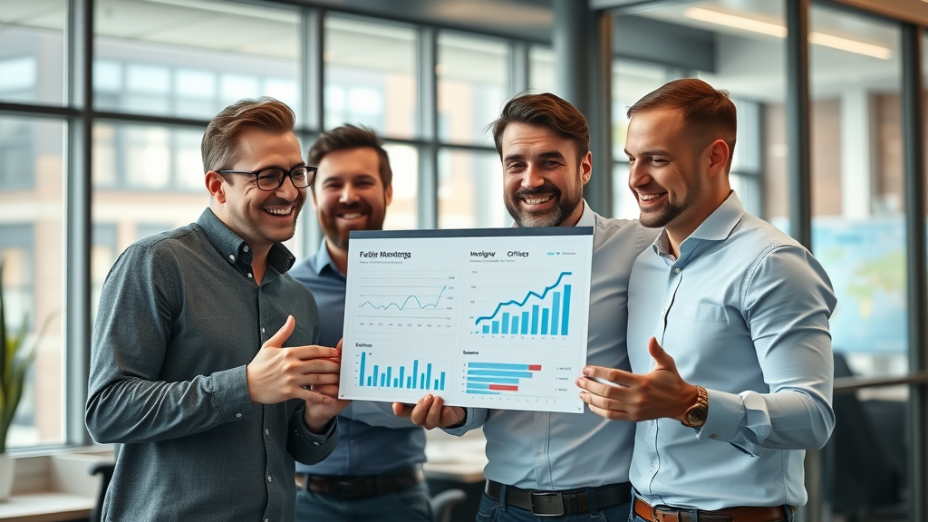 Business team in Muskegon, Michigan celebrating digital marketing success, reviewing growth charts and online stats related to local digital presence