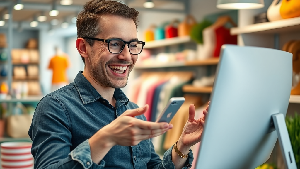 retail business owner celebrating increased sales after mobile app launch