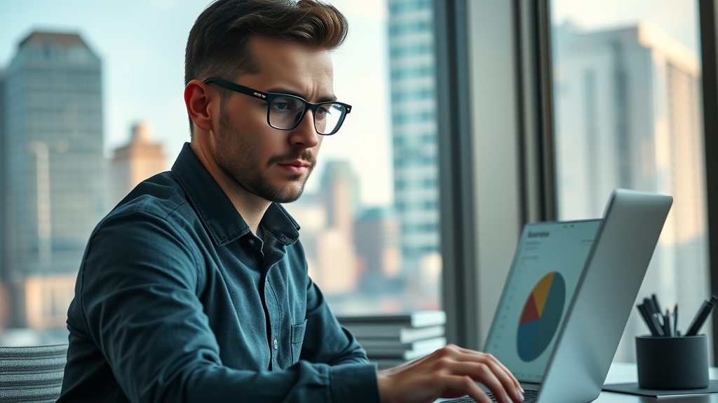local SEO optimization digital marketer analyzing SEO analytics laptop cityscape