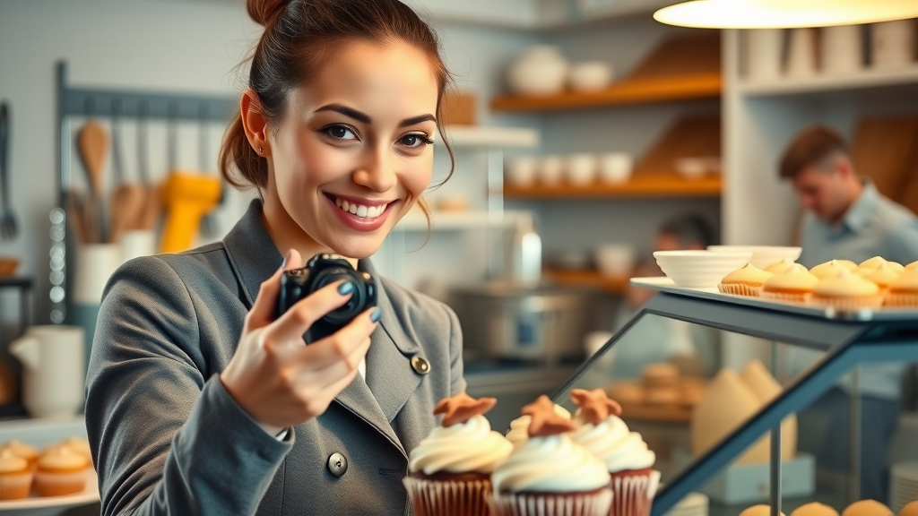 Marketer photographing cupcakes for bakery