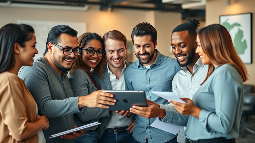 Small business team in Michigan collaborating on mobile app development, showing a digital tablet with mobile app interface and Michigan-themed decor.