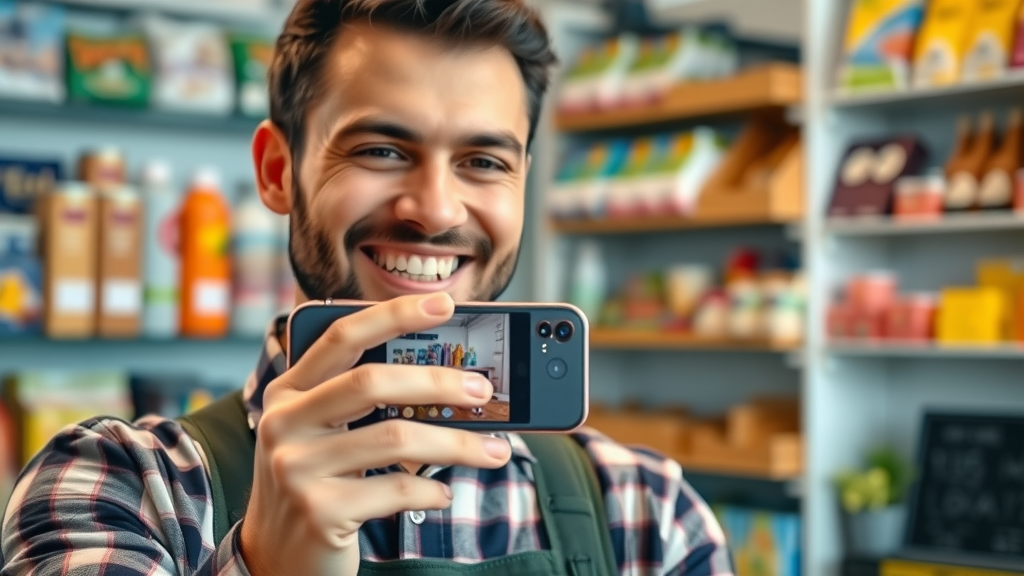 business owner uploading photo to google business profile, google business listing muskegon, colorful product display, dynamic and highly detailed