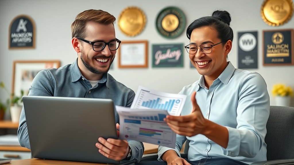 confident digital marketing consultant collaborating with Muskegon business owner, reviewing PPC campaign statistics, marketing awards visible