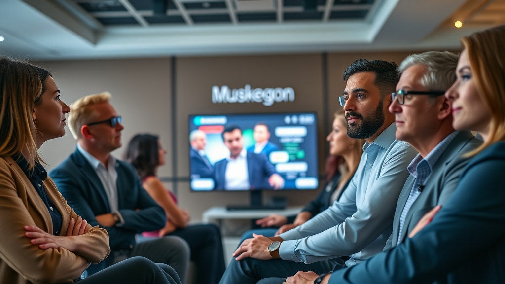 diverse group of professionals, watching business video on digital screen together, modern conference room with Muskegon branding