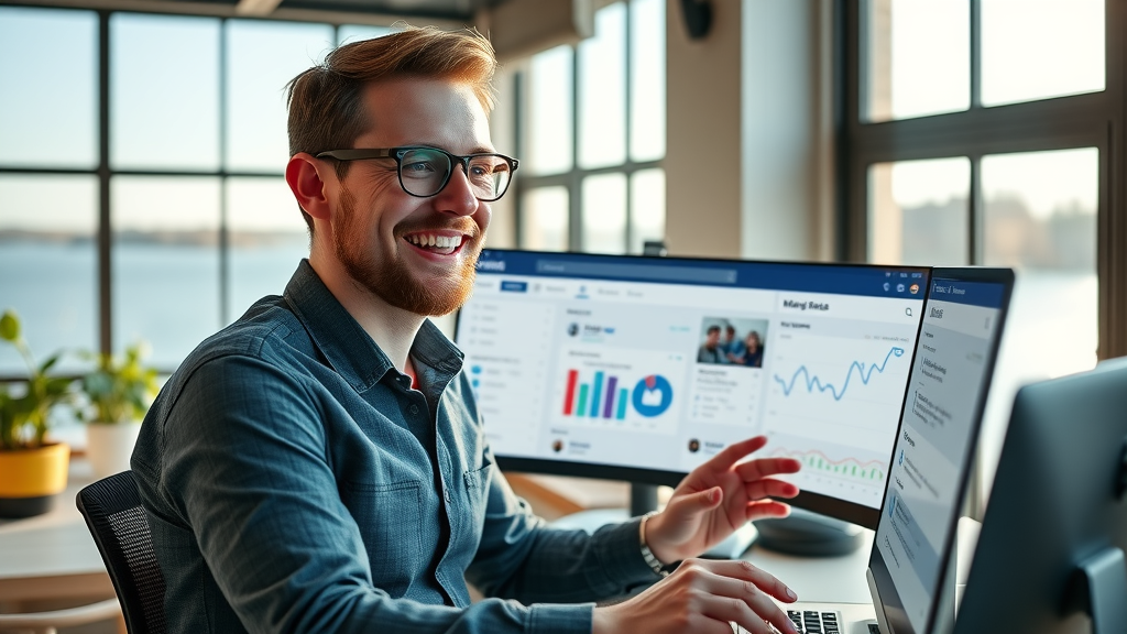 social media dashboard Muskegon, cheerful entrepreneur reviewing digital ad performance, Muskegon lake view