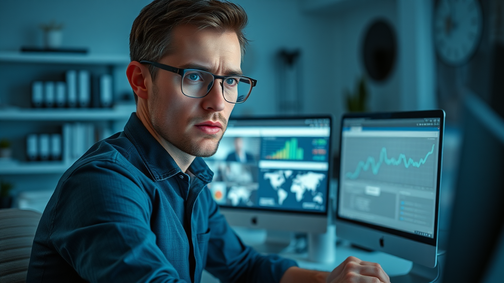 Focused social media manager analyzing data on digital dashboard for social media marketing Muskegon in a modern home office. Digital marketing agency environment.