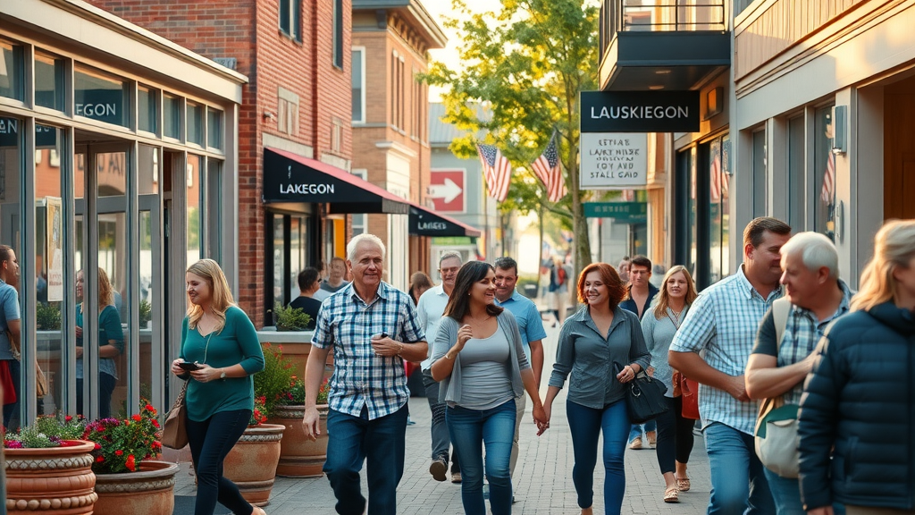 vibrant lakeside Muskegon business district with bustling people and smiling business owners near lake