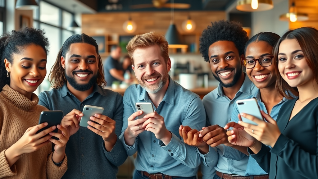 Small business owners with mobile app business interfaces in a welcoming cafe, benefits of mobile apps for small businesses