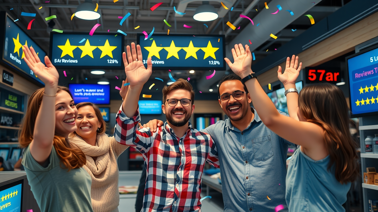 Happy Muskegon business team celebrating five-star Google reviews. Google My Business optimization, Muskegon, MI.