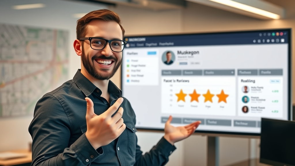 Muskegon digital marketing strategies professional showing online review dashboard with five-star ratings