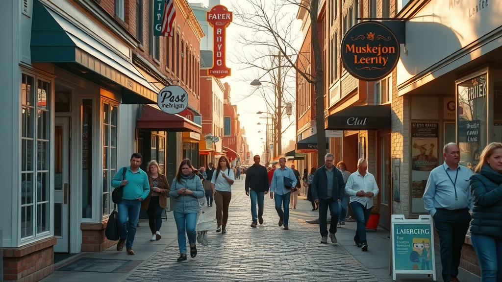 Muskegon local search - vibrant Muskegon main street with local businesses, diverse customers, Lake Michigan waterline