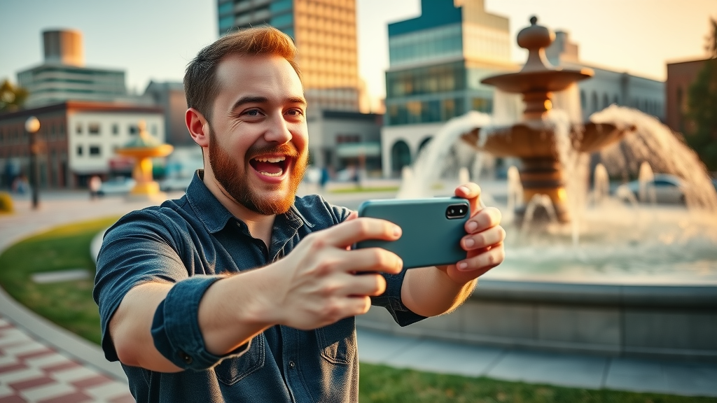 Cheerful local business owner taking an Instagram photo for social media promotion in Muskegon, MI with well-known landmarks and branding