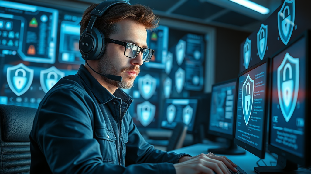 IT security specialist monitoring mobile business phone system firewall