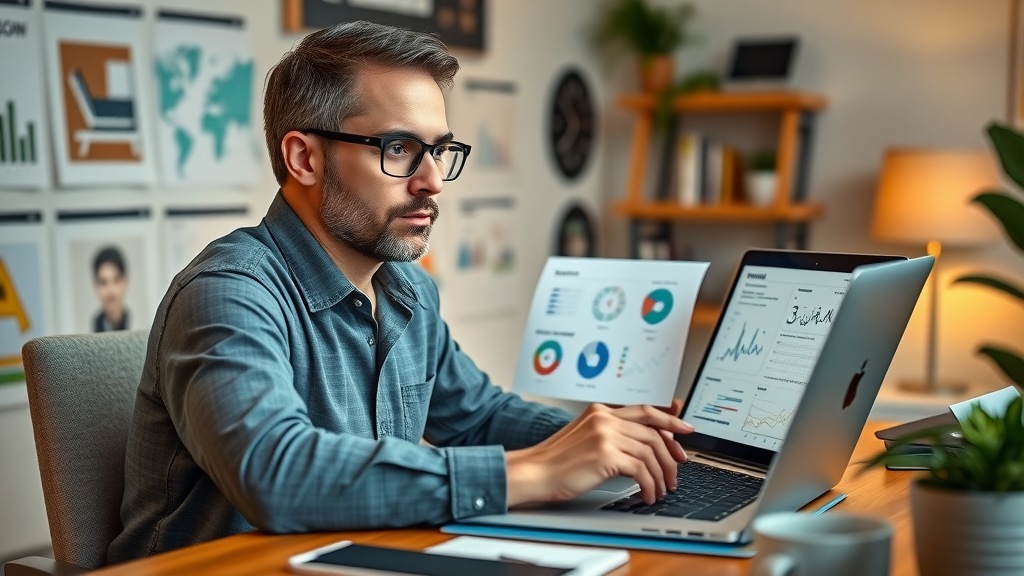 confident Muskegon business owner creating a digital marketing plan with laptop and analytics - Muskegon local business marketing