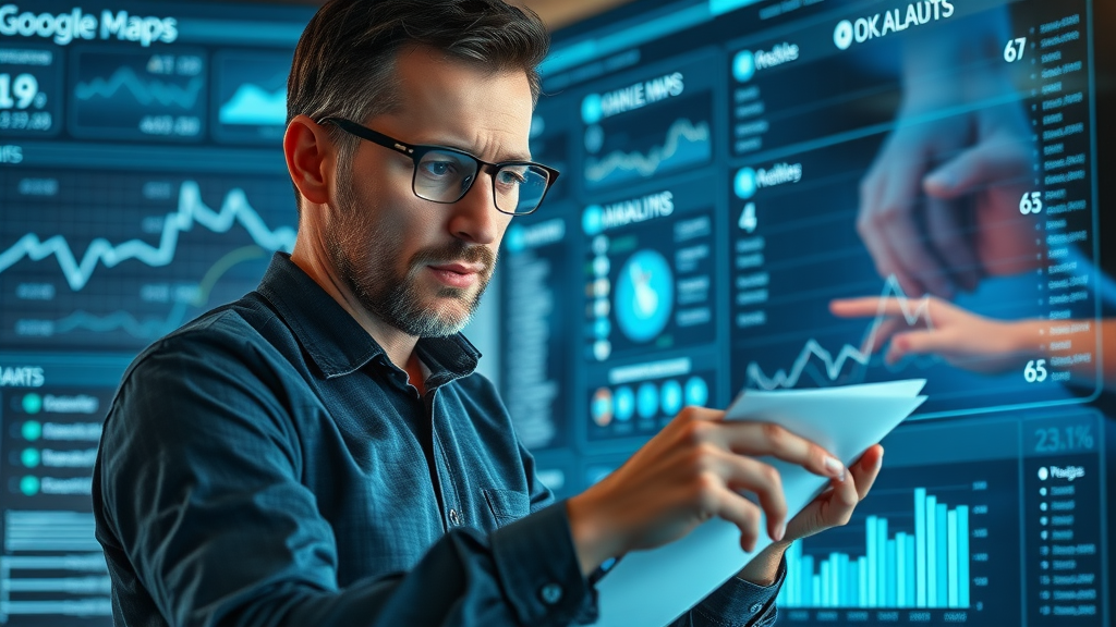 determined entrepreneur analyzing Google Maps ranking analytics, making notes, focused on ranking higher in search results, visual heatmap dashboard