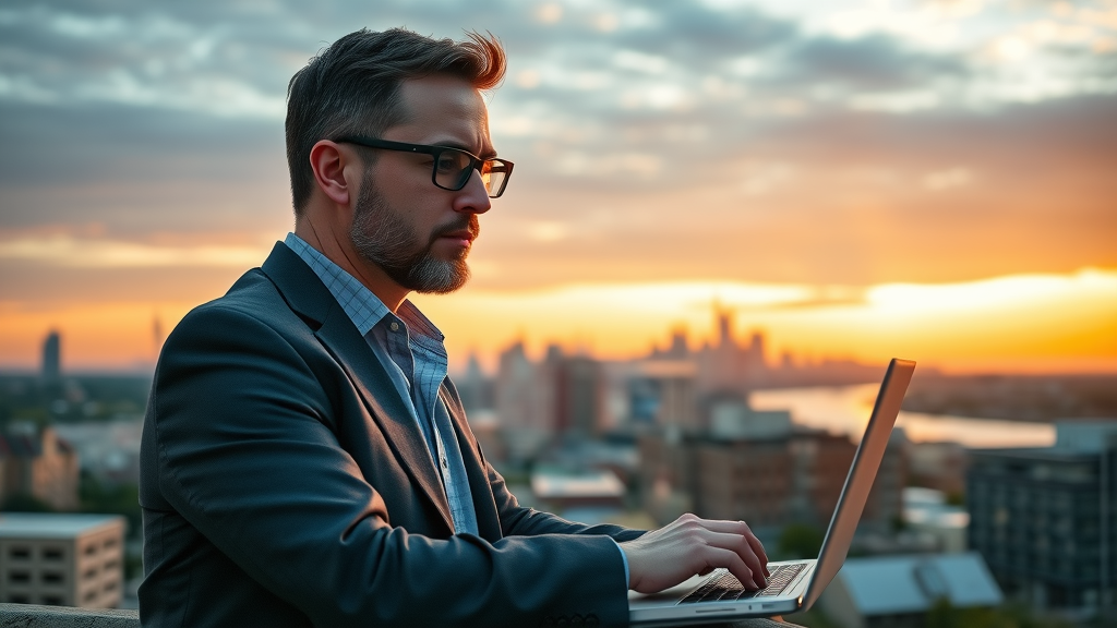 inspiring Muskegon skyline at sunrise with confident business owner working on digital marketing tools for Muskegon online presence