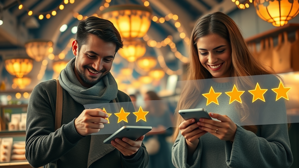 happy customers leaving star ratings and reviews on a business profile page, google business profile, customer reviews, fantasy marketplace