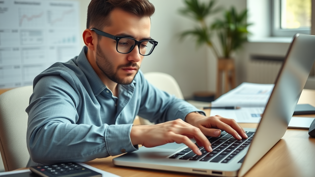 Muskegon business owner calculating PPC campaign budget using laptop and spreadsheets