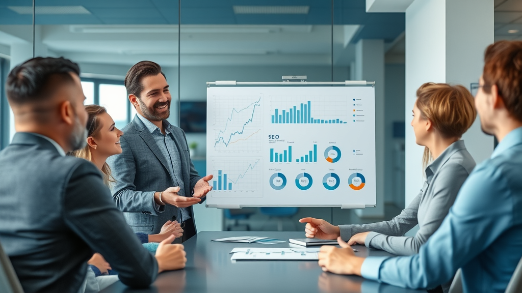 SEO consulting for Muskegon businesses marketing consultant guiding business team on SEO strategy, modern office, whiteboard charts, digital marketing discussion