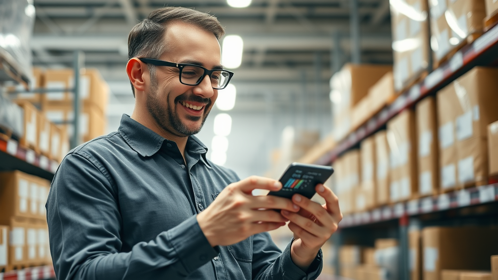 retail manager using mobile app to monitor inventory and experience cost savings