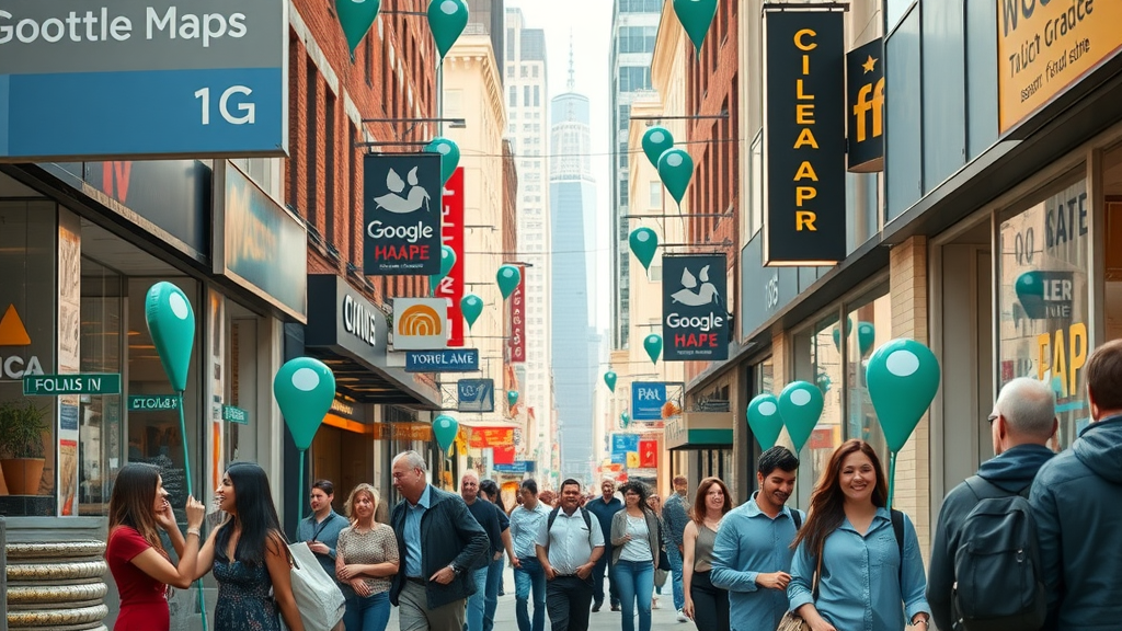 vivid cityscape showing a bustling street lined with diverse local businesses marked by digital Google Maps location pins, business owners smiling as customers walk in, Google Maps ranking matters, urban environment