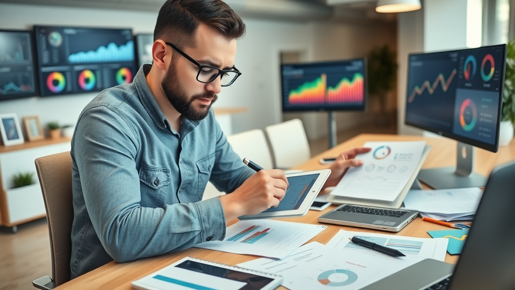 Marketer building social media marketing Muskegon strategy with digital tablet and analytics