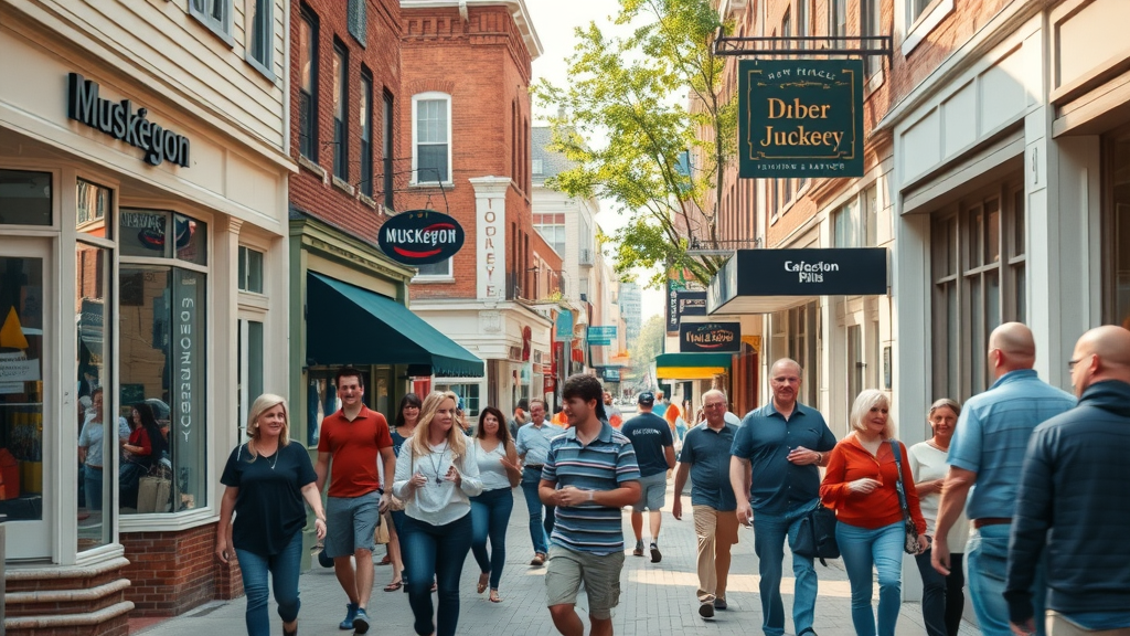 Local online marketing strategies, Muskegon, MI: Muskegon small businesses engaging with local customers, vibrant downtown, Michigan storefronts, people interacting.