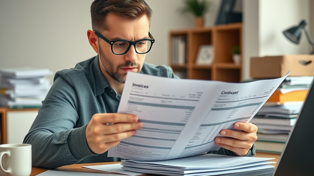 business owner reviewing invoices and contract fees for small business phone systems