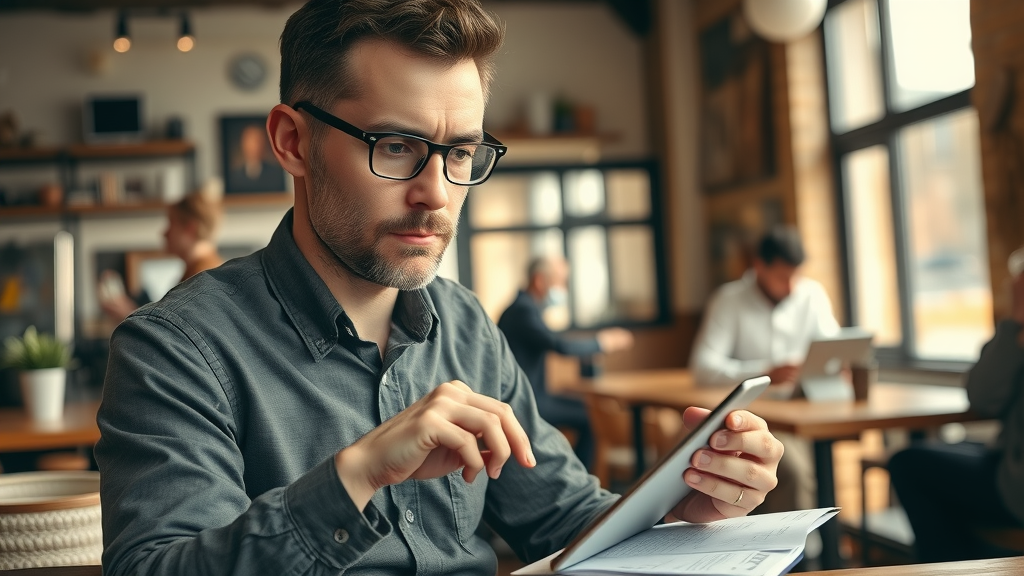 Small business owner in Muskegon MI calculating marketing budget in a cozy coffee shop environment