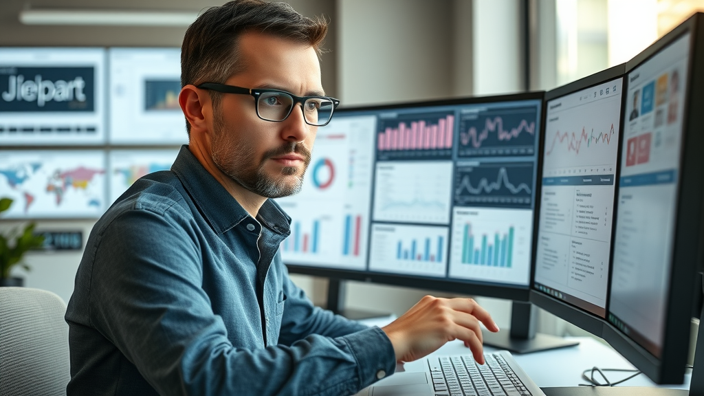 Marketing specialist optimizing pay-per-click advertising keywords using advanced keyword research tools and analyzing data on a high-resolution monitor in a modern office