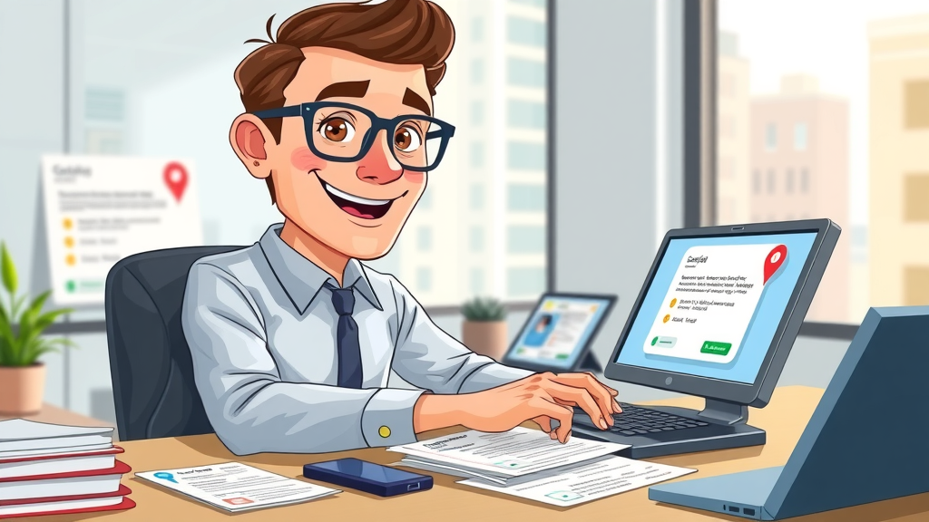 local SEO Muskegon organized business owner updating local business listings, digital screens, citations, animated notification pop-ups