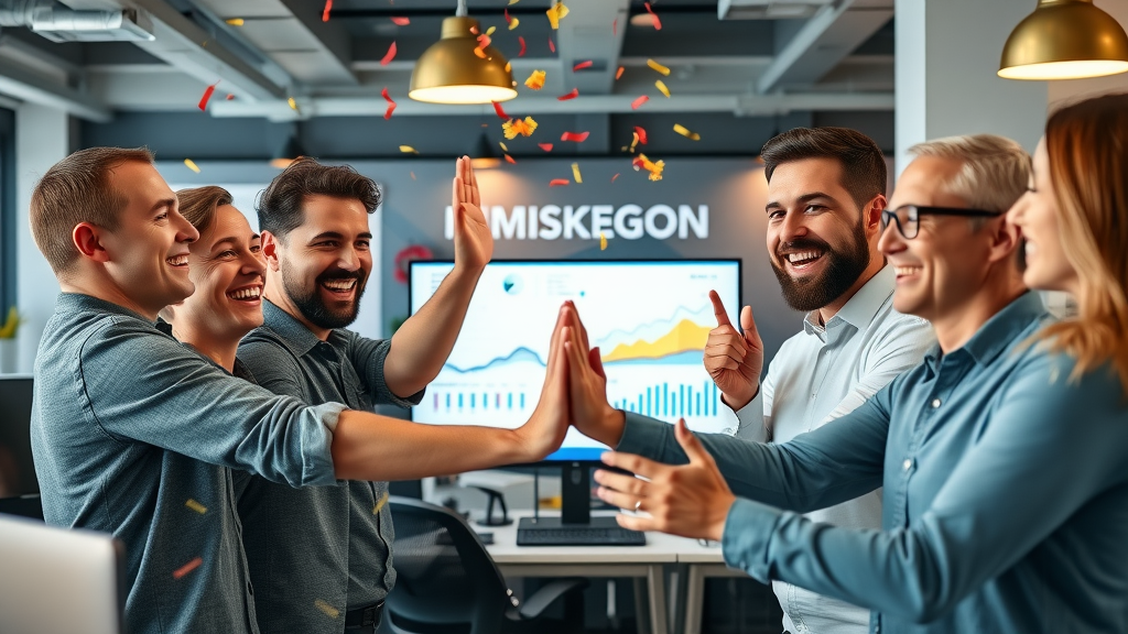 successful Muskegon business team celebrating analytics results from content marketing campaign