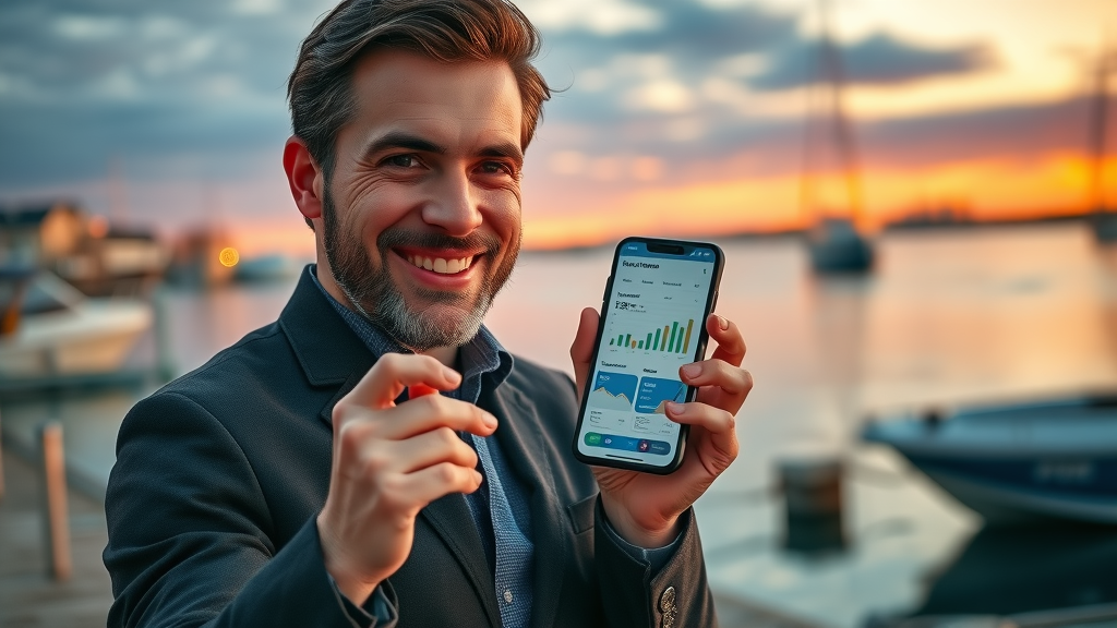 Inspiring Muskegon business owner with mobile app at waterfront