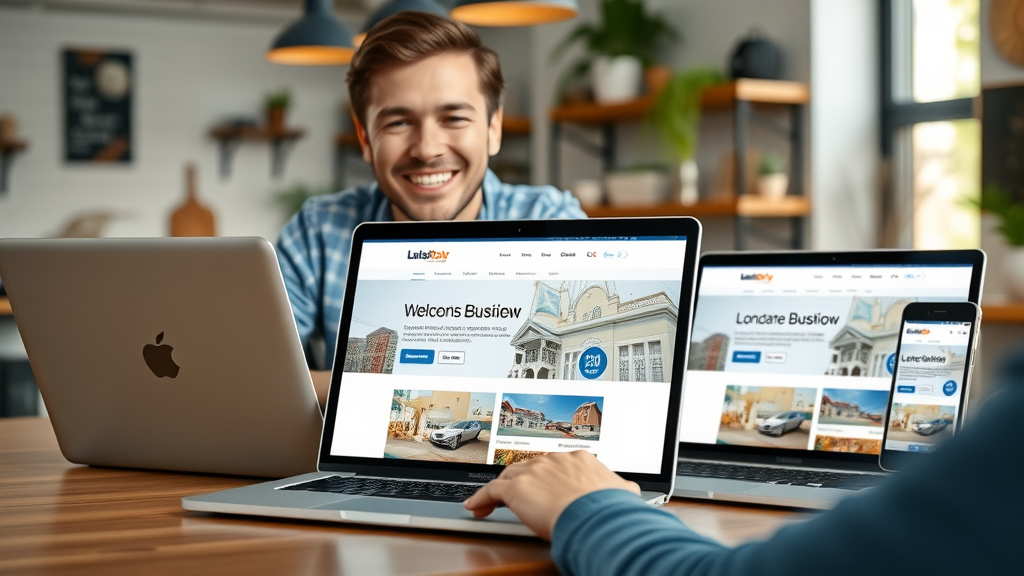 modern business website displayed on multiple devices, location-based landing page, business owner, local landing page, photorealistic