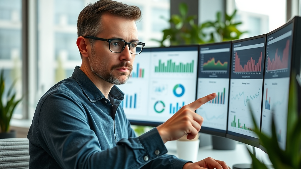 Marketer analyzing pay-per-click advertising campaign performance reports with colorful charts and detailed metrics on dual monitors