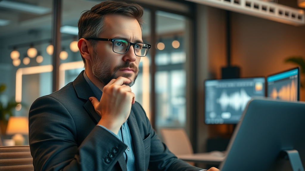 Tech-savvy marketing strategist using voice assistant, smart devices, Muskegon office, warm lighting, interactive audio, digital marketing age, 50mm lens. marketing agency, web design, digital agency