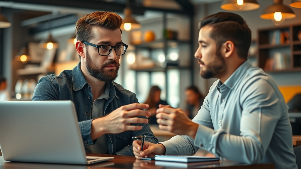 local business SEO strategies entrepreneur collaborating for local backlinks in busy cafe