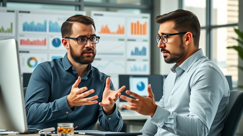 Business owners confused by PPC advertising Muskegon analytics dashboards in modern office, reviewing lost profits.