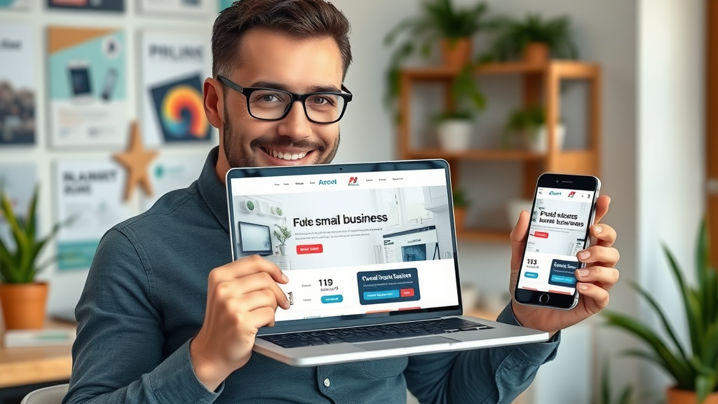 Web design for Muskegon businesses: Local business website displayed on laptop and phone, vibrant home page and confident Muskegon owner