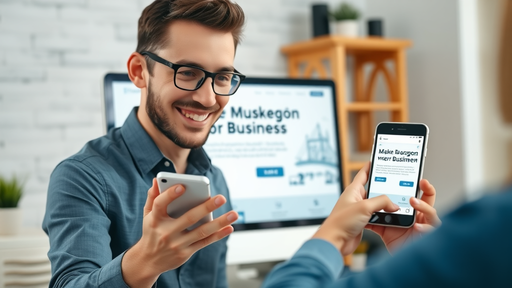 Stunning Muskegon business website viewed on desktop and mobile, highlighting web design and owner reviewing site