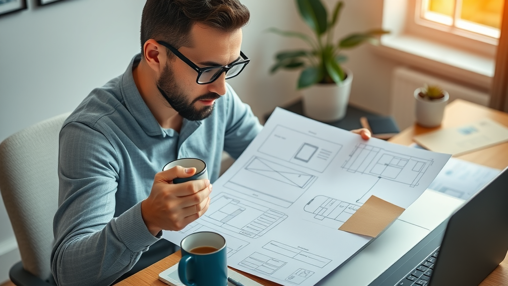 Business owner analyzing mobile app wireframes, evaluating app features for small business